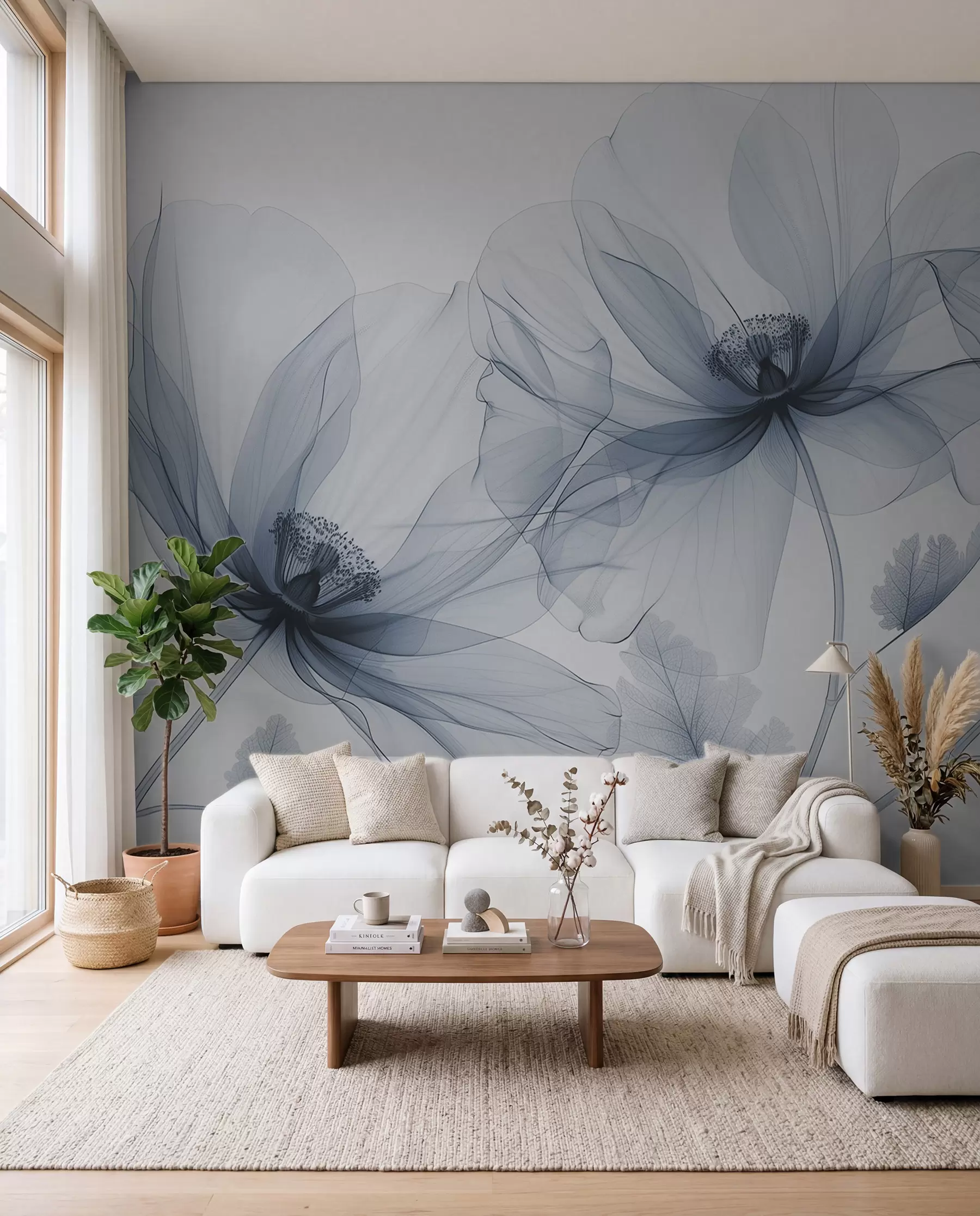 wall murals Blue transparent flower in X-ray style on white background Minimalistic monochrome botanical design w01482v1