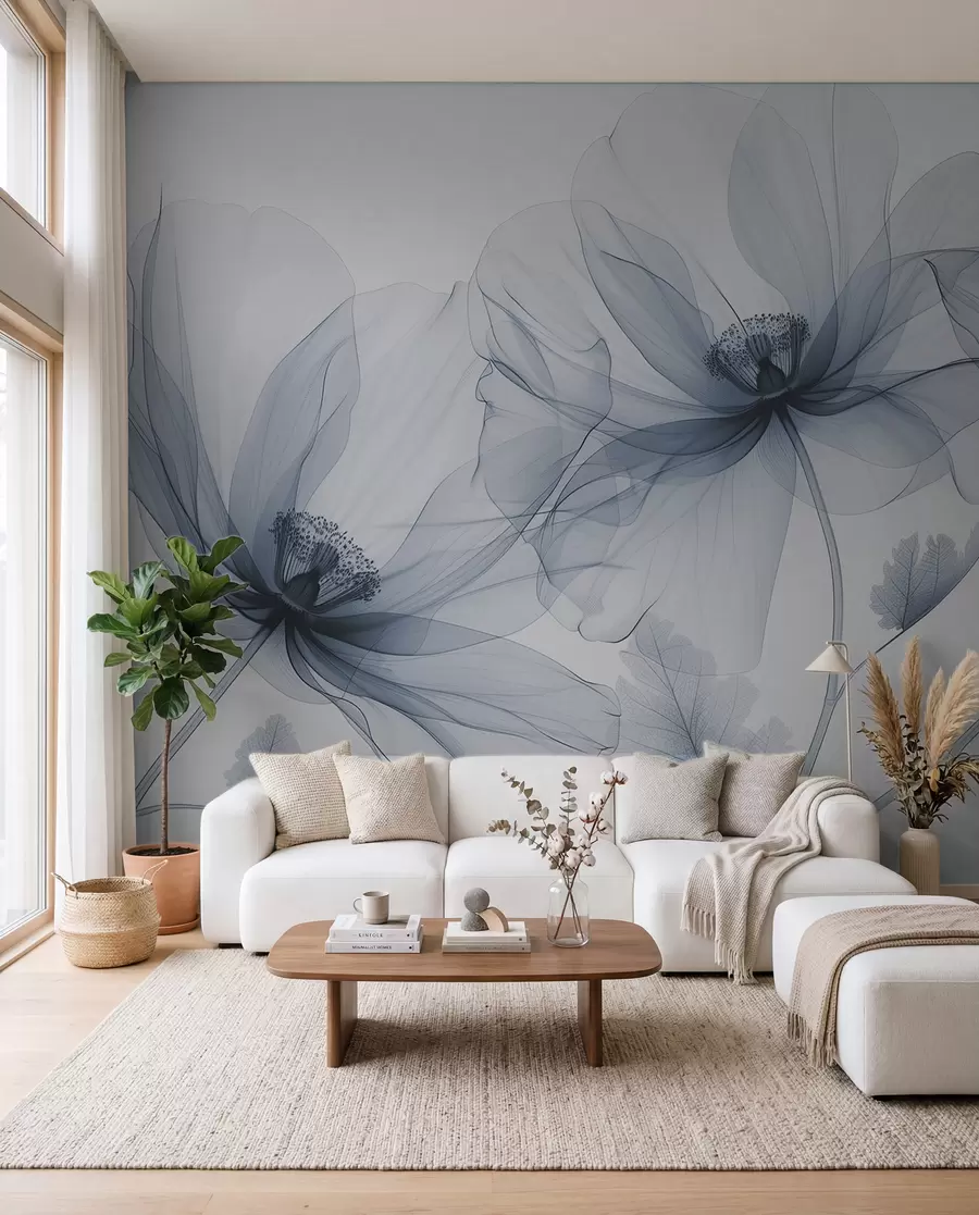 Wall Mural Photo Wallpaper Blue transparent flower in X-ray style on white background Minimalistic monochrome botanical design w01482v1