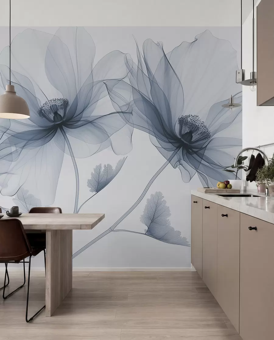 peintures murales Fleur bleue transparente de style rayons X sur fond blanc Design botanique monochrome minimaliste w01482v1