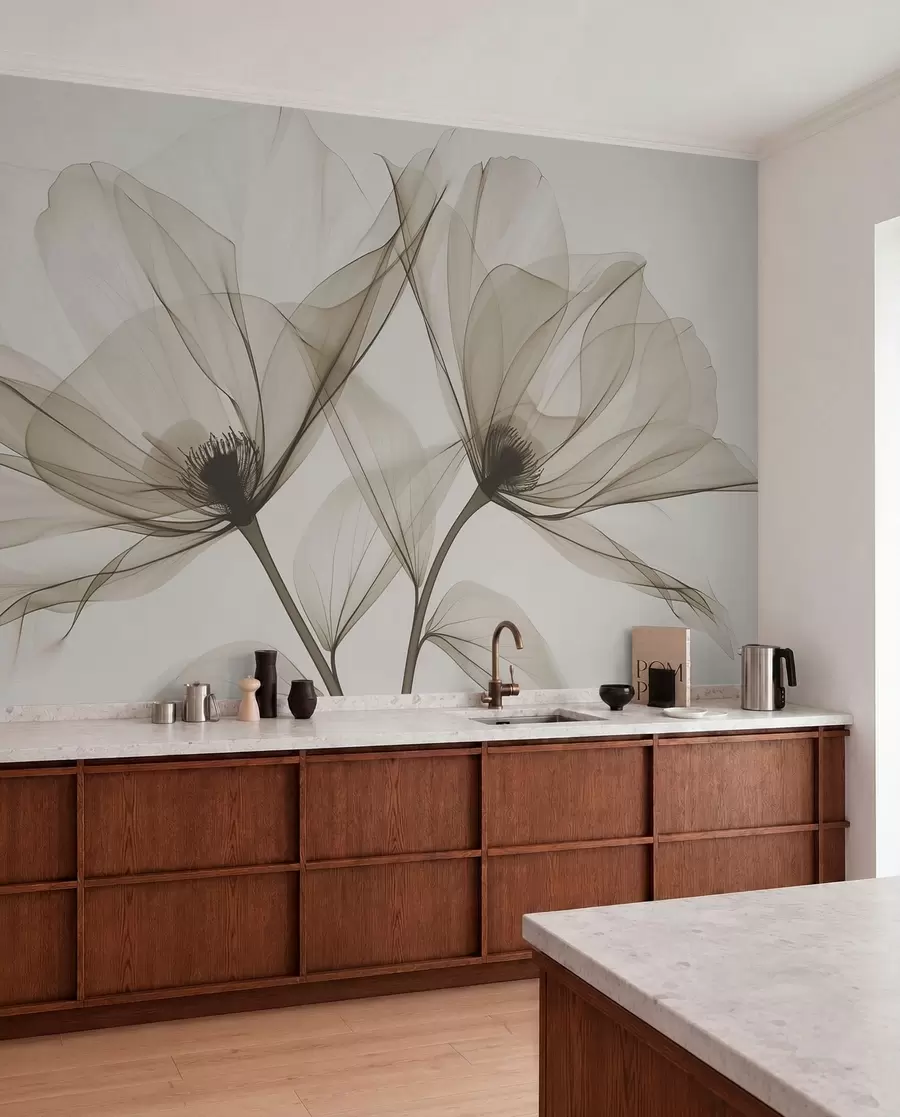peintures murales Fleur bleue transparente de style rayons X sur fond blanc Design botanique monochrome minimaliste w01482v1