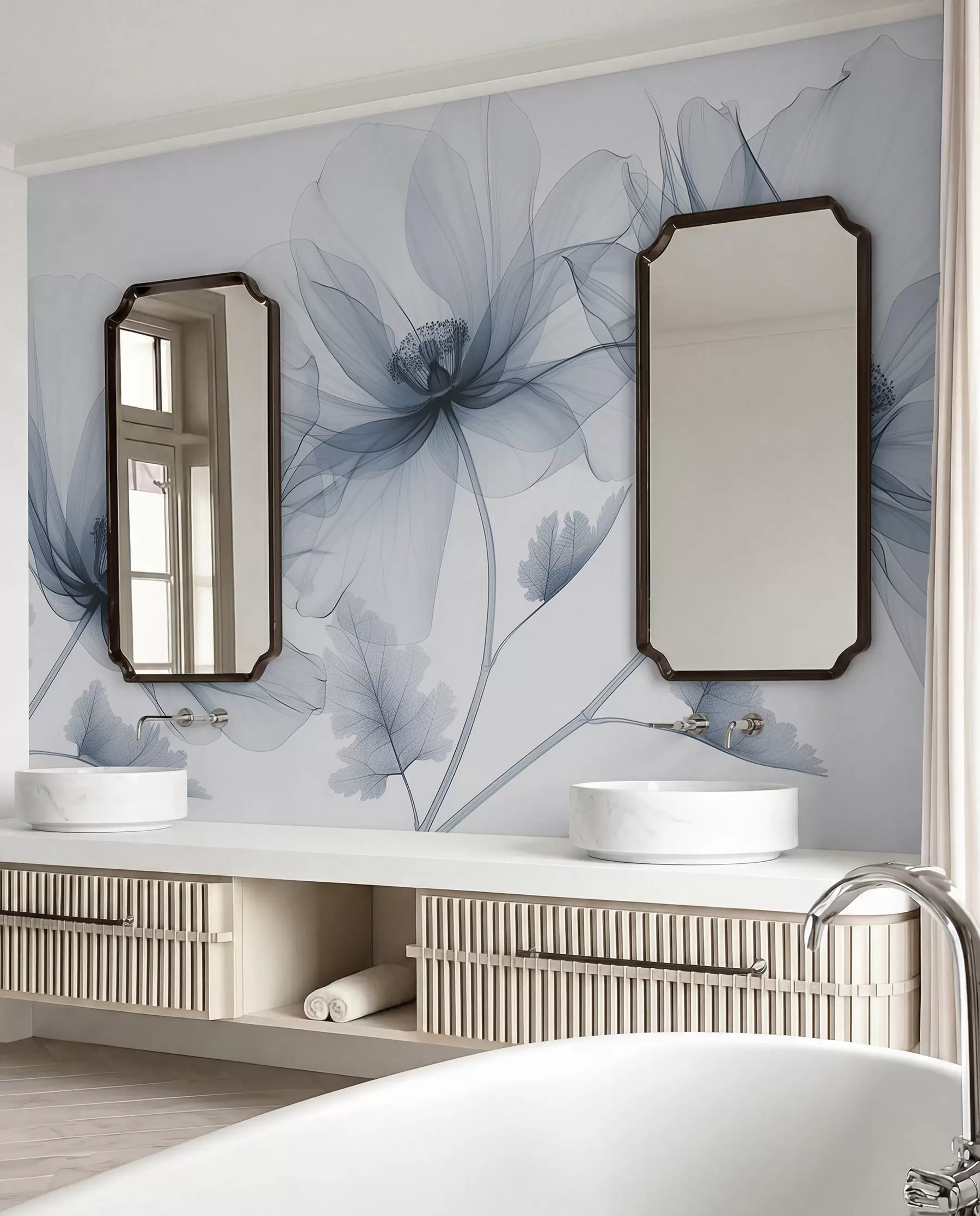 peintures murales Fleur bleue transparente de style rayons X sur fond blanc Design botanique monochrome minimaliste w01482v1