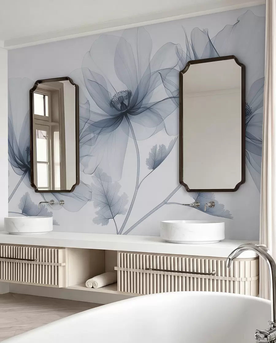 wall murals Blue transparent flower in X-ray style on white background Minimalistic monochrome botanical design w01482v1