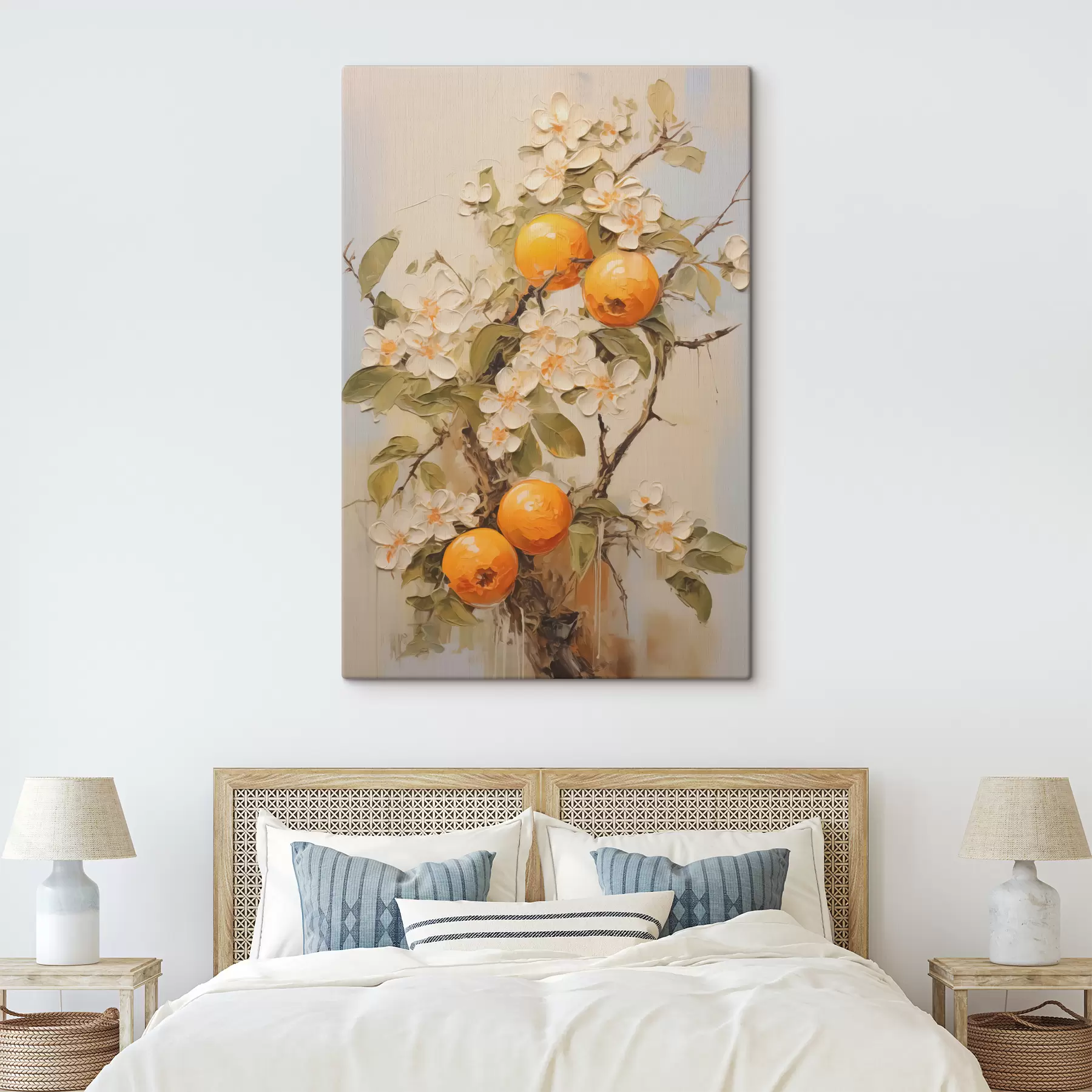murales Rama con flores blancas y naranjas sobre un fondo gris-beige s40486