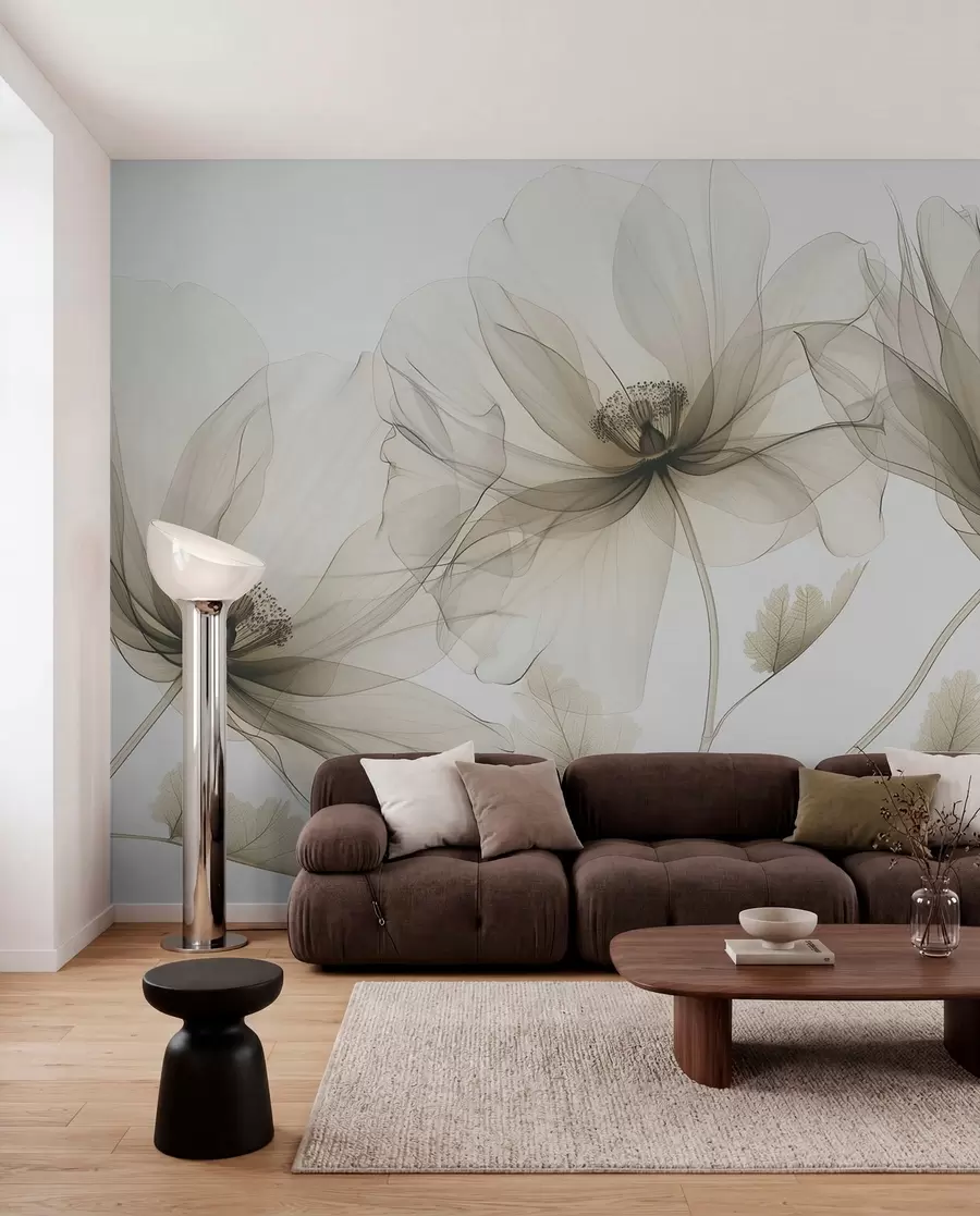 murales Flor marrón transparente en estilo de rayos X sobre fondo blanco Diseño botánico monocromático minimalista w01482v2