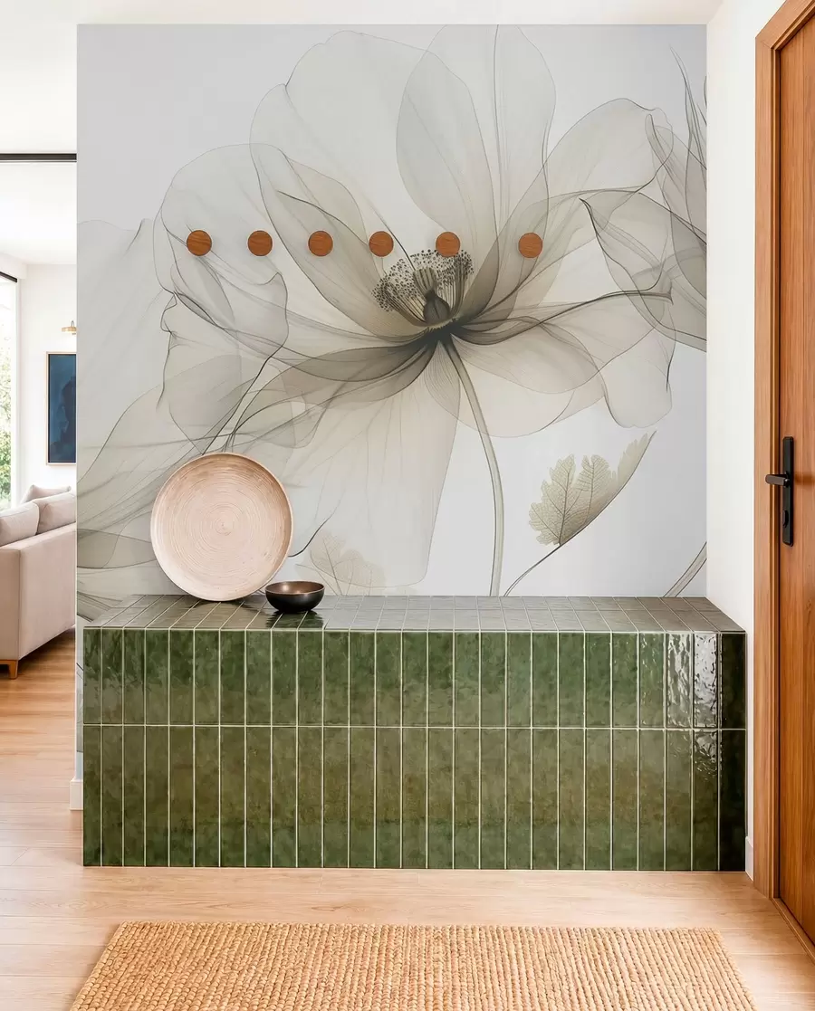 peintures murales Fleur transparente marron de style rayons X sur fond blanc Design botanique monochrome minimaliste w01482v2