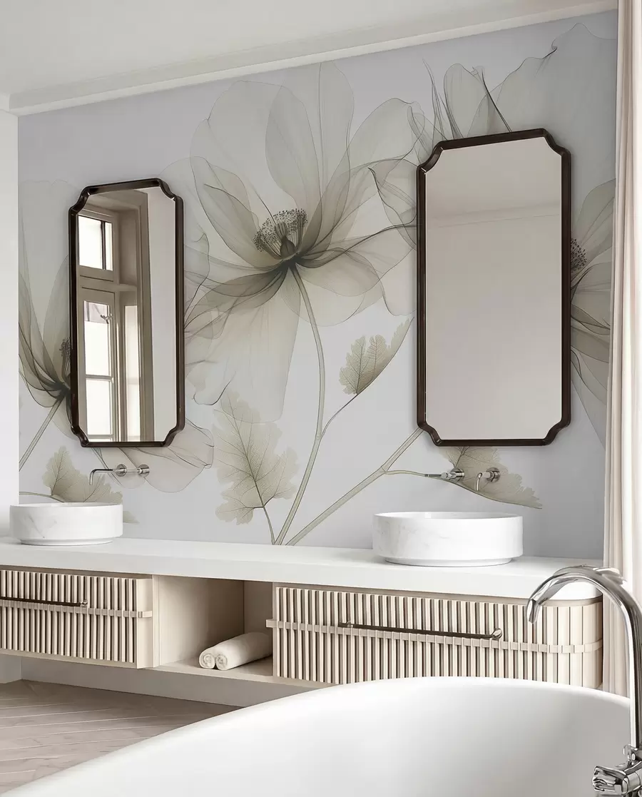 murales Flor marrón transparente en estilo de rayos X sobre fondo blanco Diseño botánico monocromático minimalista w01482v2