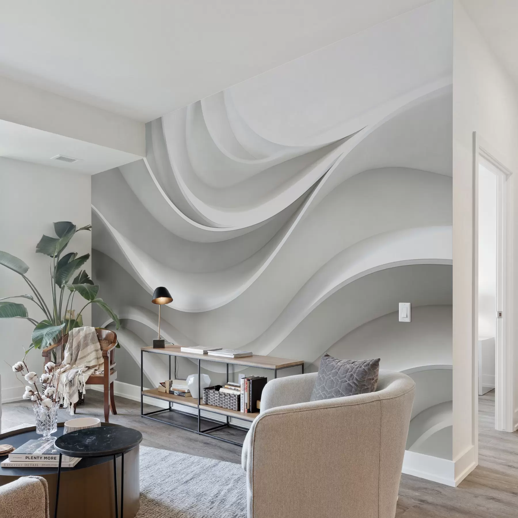 murales Forma de onda abstracta 3d volumétrica blanca w01471