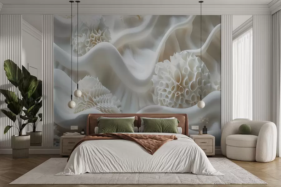 murales Fondo abstracto ondulado de formas blancas en estilo 3D w01475