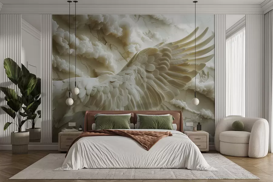 Wall Mural Photo Wallpaper 3D flying white eagle on a background of clouds and marble w01476