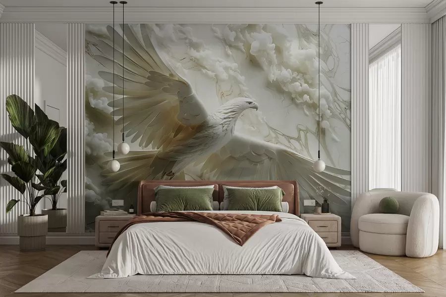 murales Águila blanca 3D sobre un fondo de nubes y mármol w01477
