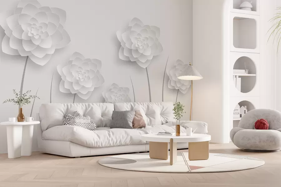 Wall Mural Photo Wallpaper Large flowers with imitation of volume in paper style on a light gray background with a gray stem w01021