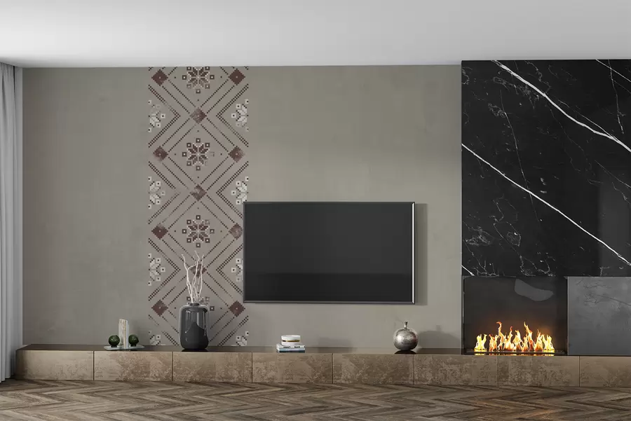 murales Papel tapiz texturizado patriótico con adornos minimalistas de estilo ucraniano en tonos marrones w01027v1