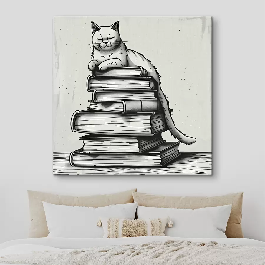 wall murals Black and white cat on a stack of books s40435
