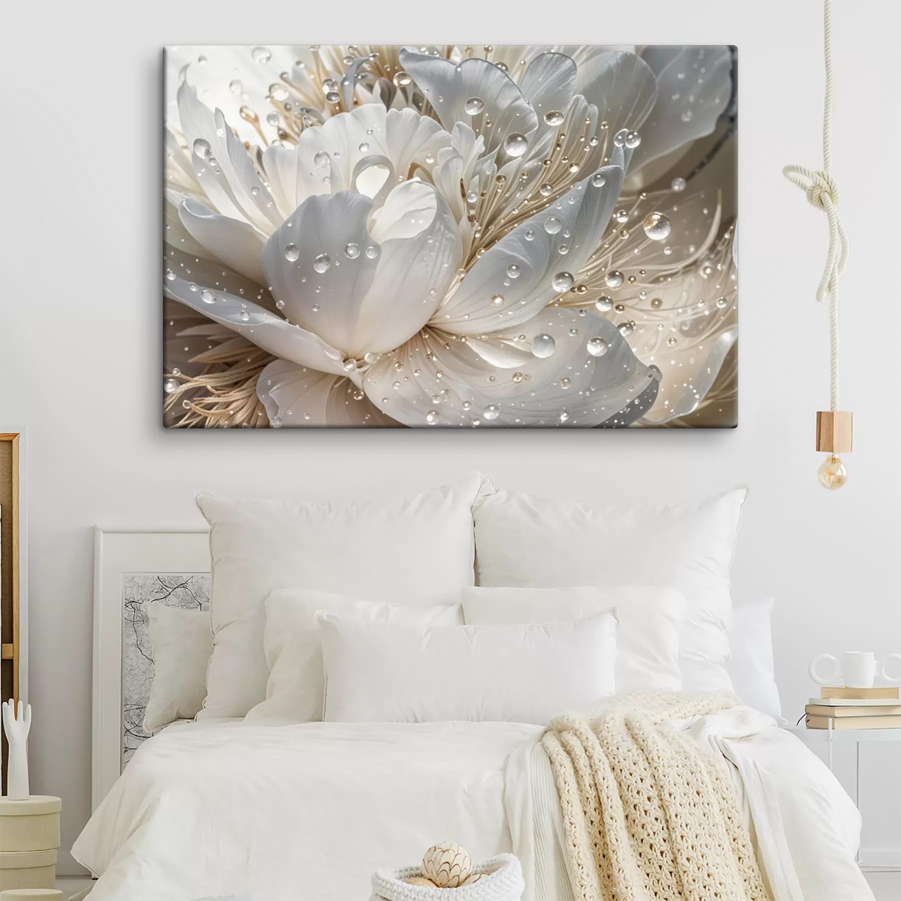 wall murals A close-up of a white peony flower with water droplets on the petals, against a blurred background s40539