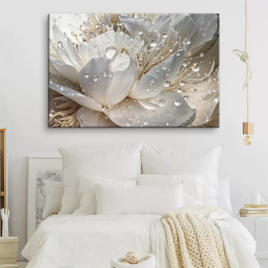 wall murals A close-up of a white peony flower with water droplets on the petals, against a blurred background s40539