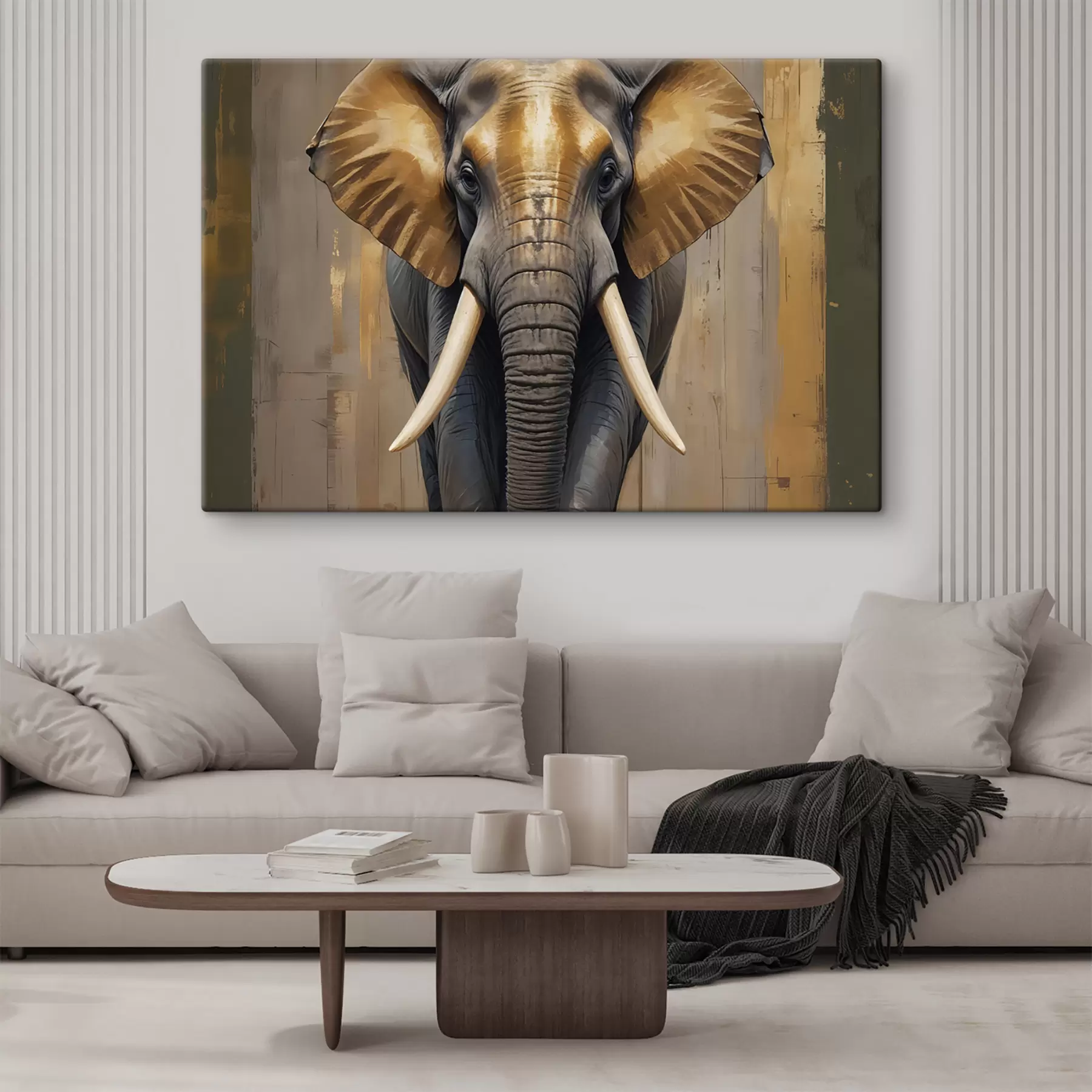 murales Una gran pintura texturizada de un elefante africano con colmillos de marfil y orejas ensanchadas, sobre un fondo de madera s40544