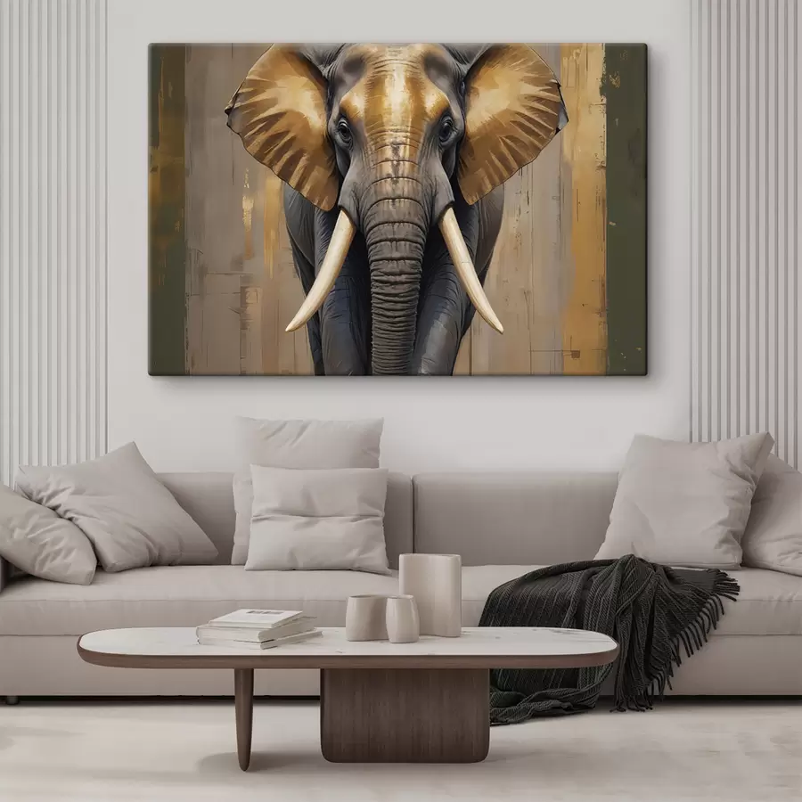 murales Una gran pintura texturizada de un elefante africano con colmillos de marfil y orejas ensanchadas, sobre un fondo de madera s40544