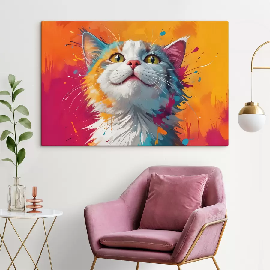 wall murals A close-up portrait of a white and orange tabby cat with vibrant, colorful splashes of paint  s40547