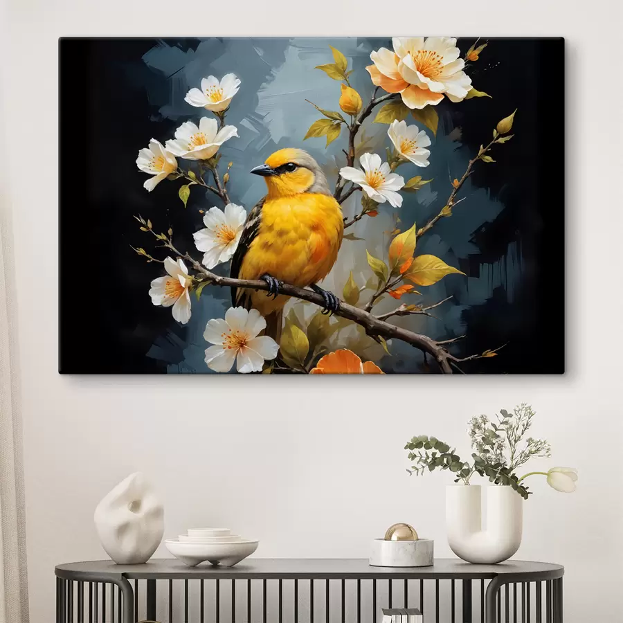 wall murals A yellow bird perched on a branch with white and orange flowers in the background s40550