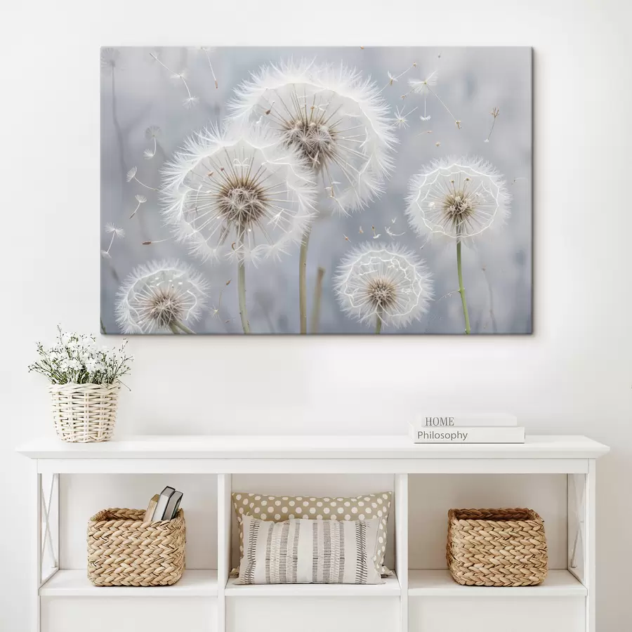 wall murals White dandelion flowers with fluffy seeds against a blurred gray background s40556