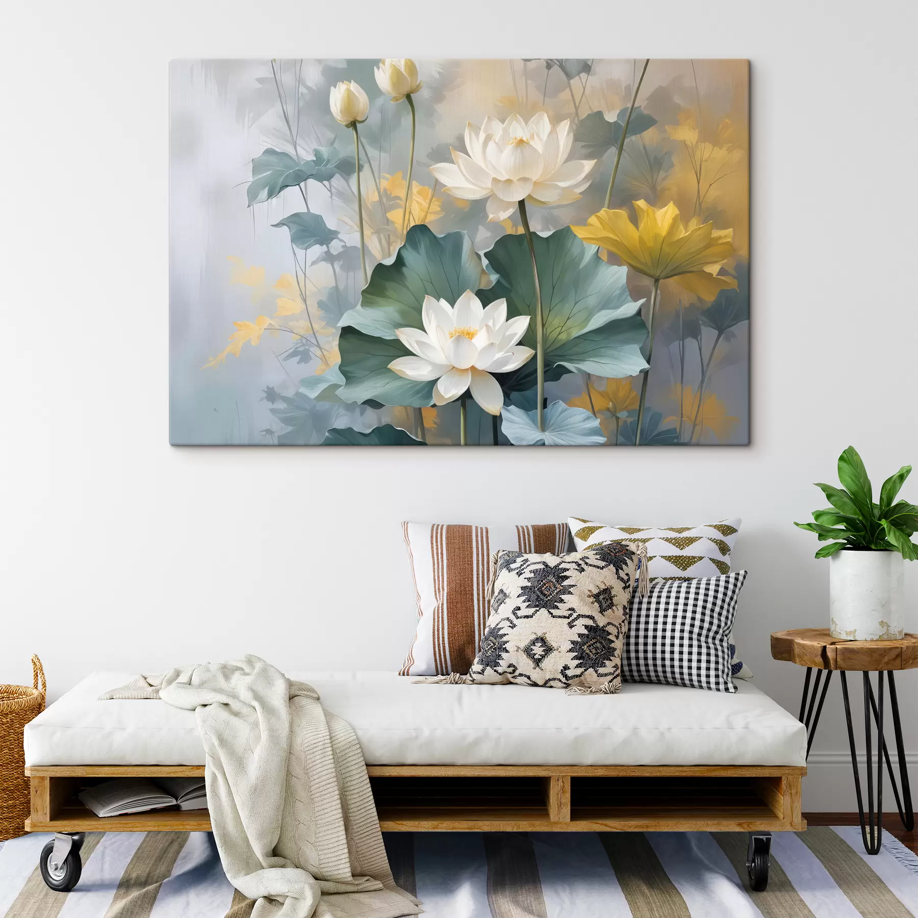 wall murals White lotus flowers in a pond with green lily pads, surrounded by yellow flowers and a blurred background s40559