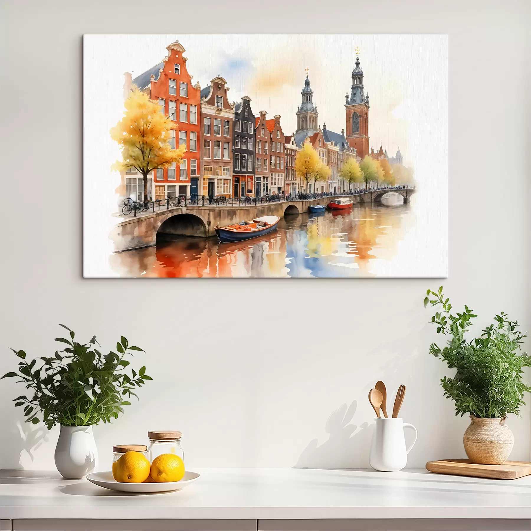 wall murals A colorful watercolor cityscape of Amsterdam with traditional Dutch canal houses and boats on the water s40561