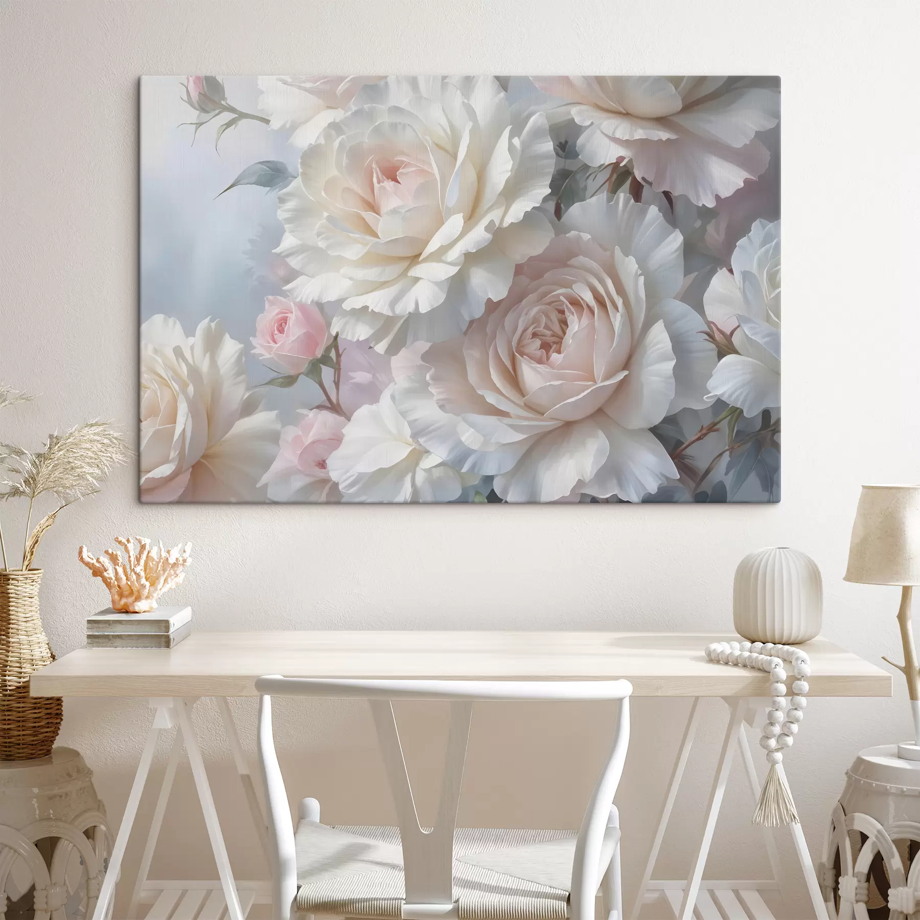 wall murals Soft, delicate white and pink roses with blurred background s40562