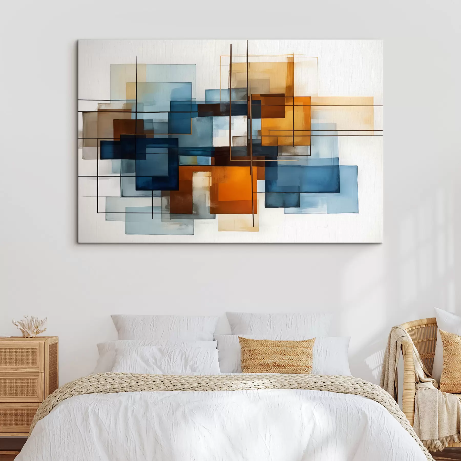 murales Formas geométricas abstractas en tonos de azul, naranja y marrón que crean una composición minimalista moderna s40563