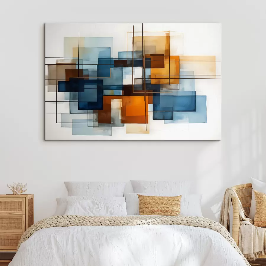 wall murals Abstract geometric shapes in shades of blue, orange, and brown creating a modern minimalist composition s40563