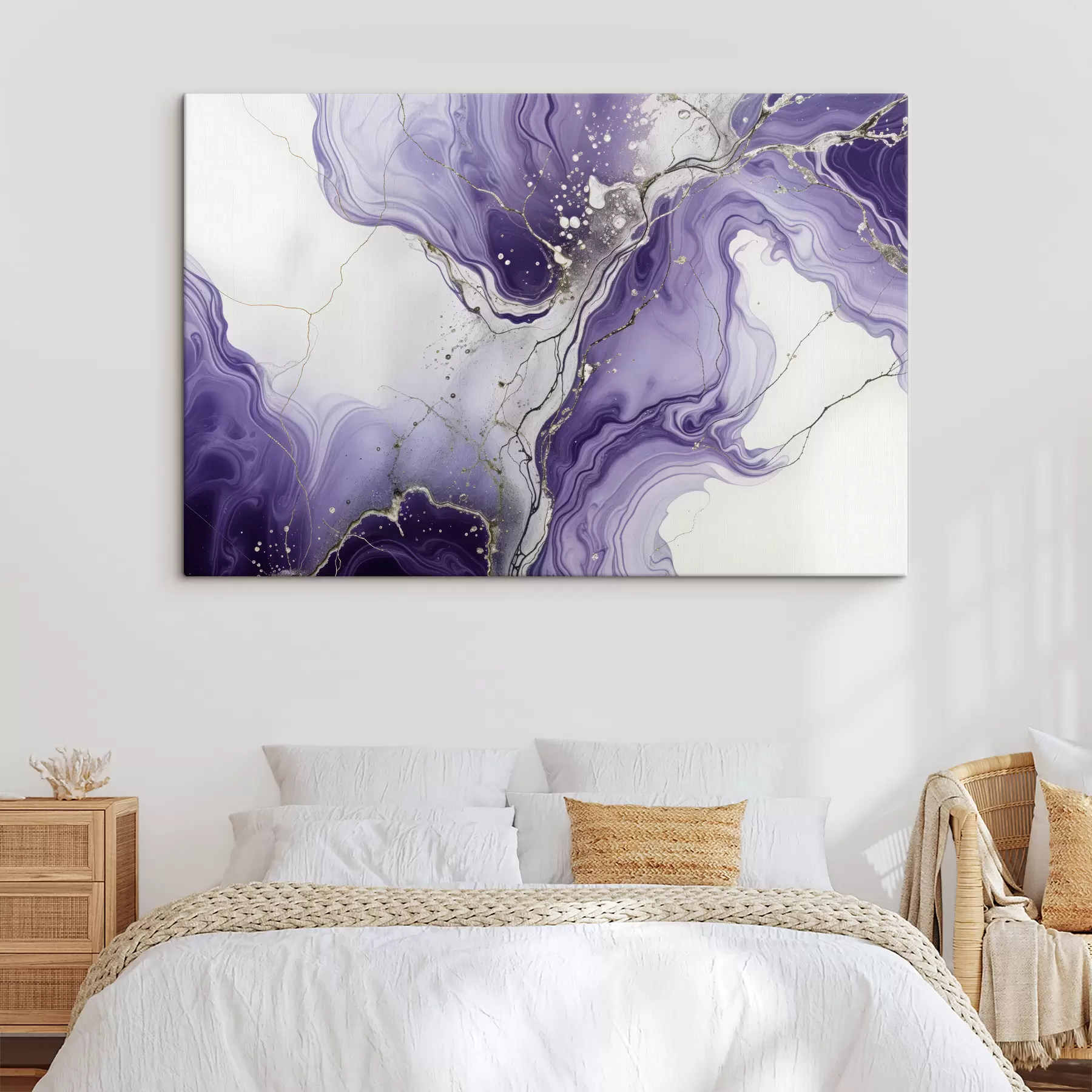 wall murals Abstract fluid art composition print with swirling purple, white, and gray ink s40566