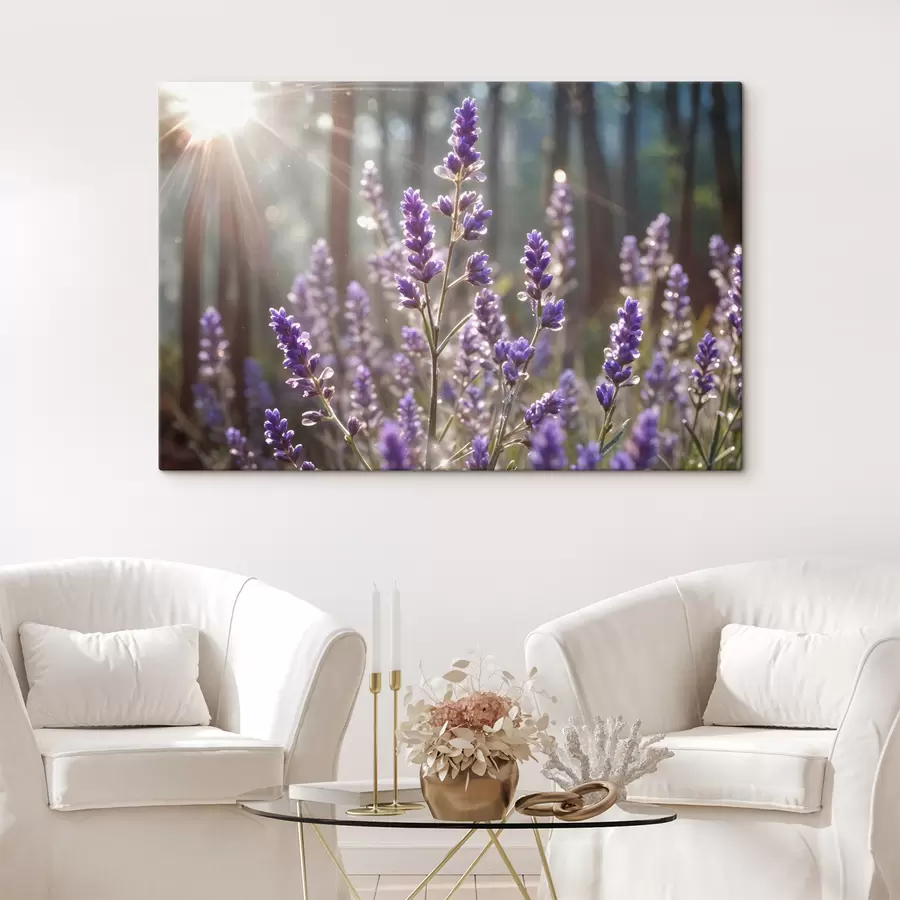 wall murals Purple lavender flowers in a field, with a blurred forest background and sunlight filtering through s40570