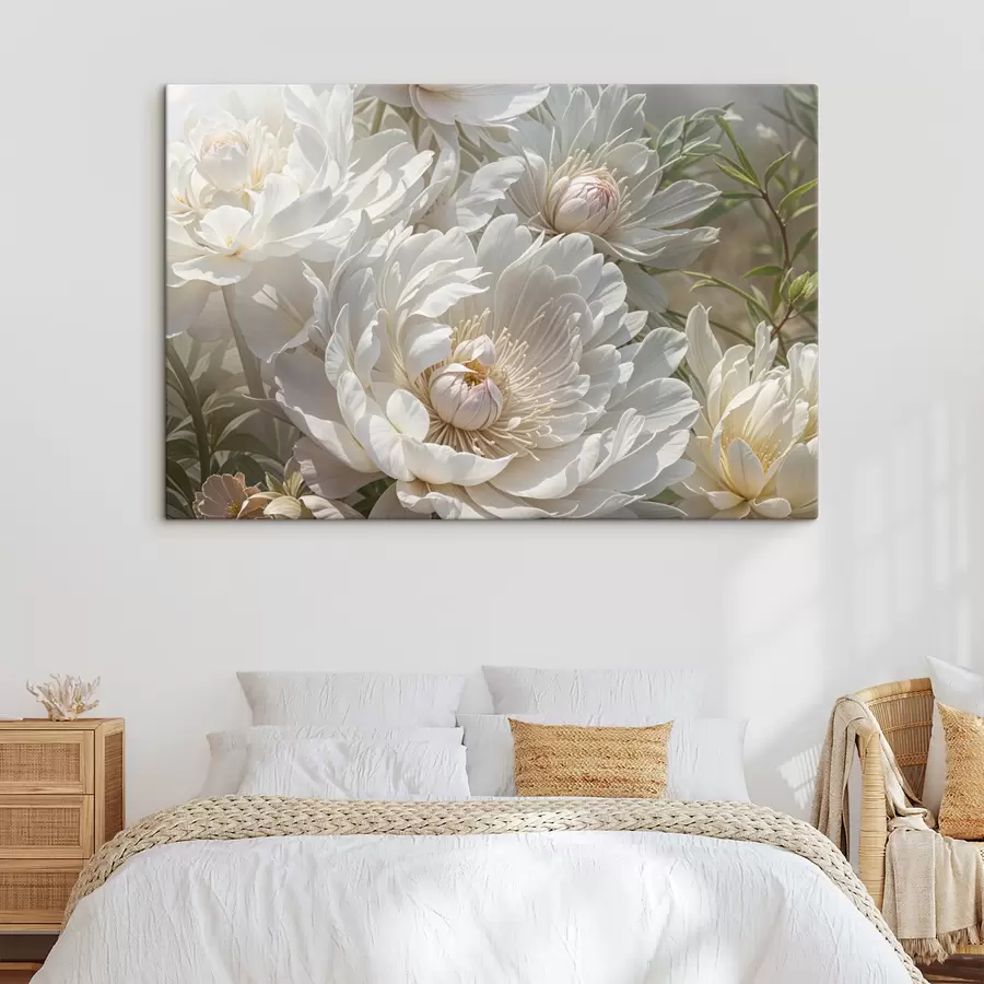 murales Un primer plano de varias flores grandes de peonía blanca con pétalos suaves y delicados y centros de color amarillo pálido s40575