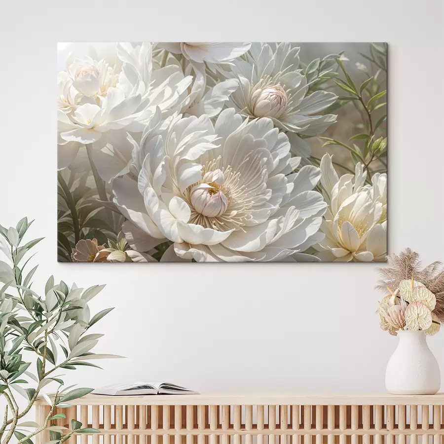 wall murals A close-up of several large, white peony flowers with soft, delicate petals and pale yellow centers s40575