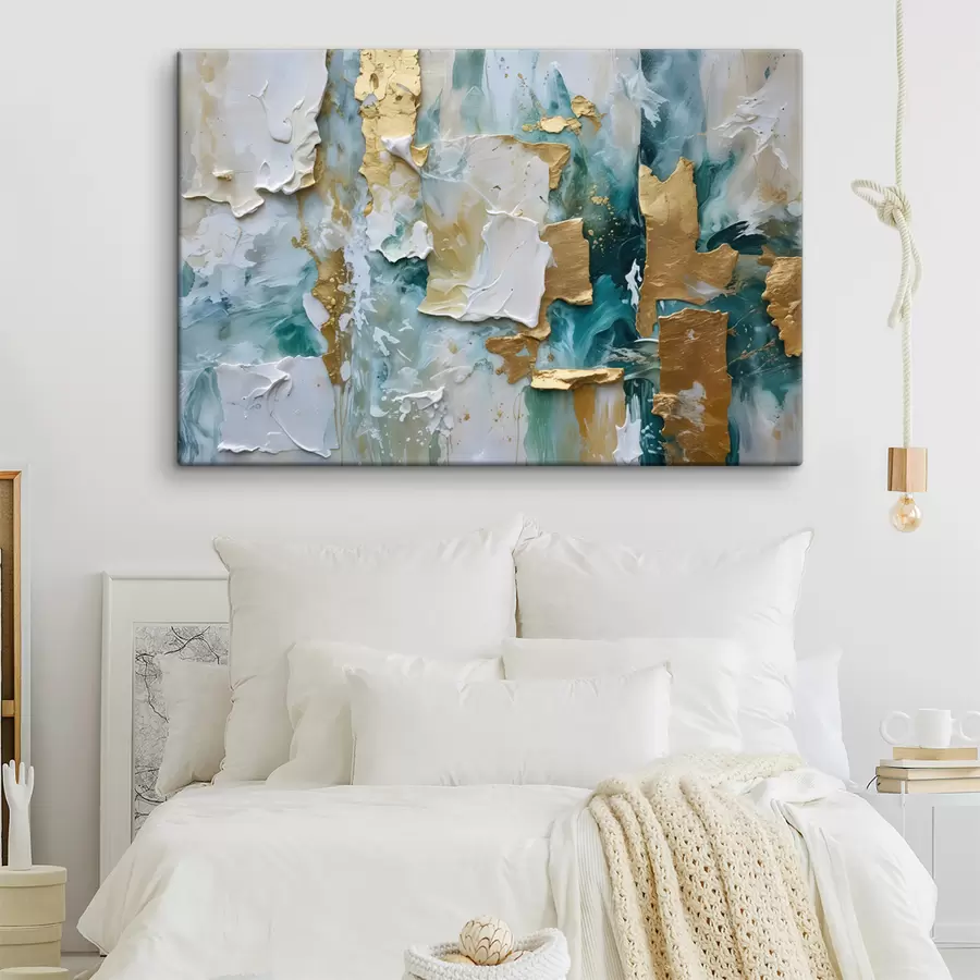 wall murals Peeling paint with layers of white, blue, and yellow colors creating an abstract, textured print s40577