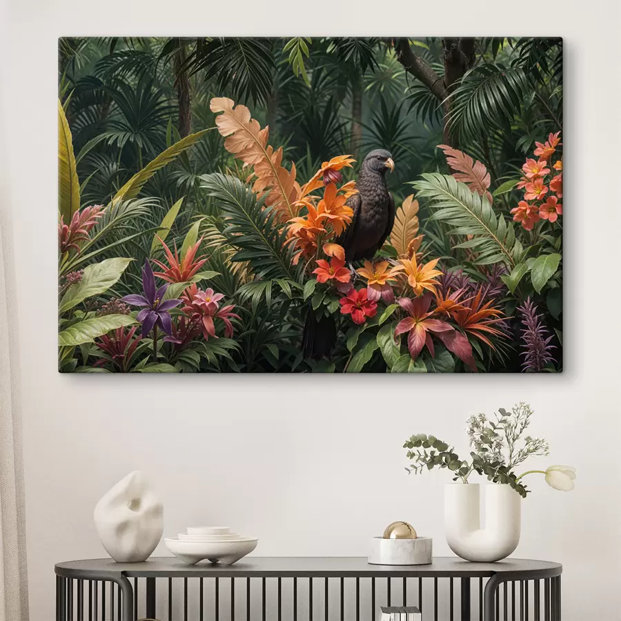wall murals Tropical bird perched on a branch surrounded by vibrant foliage, palm leaves, flowers, and exotic plants s40578