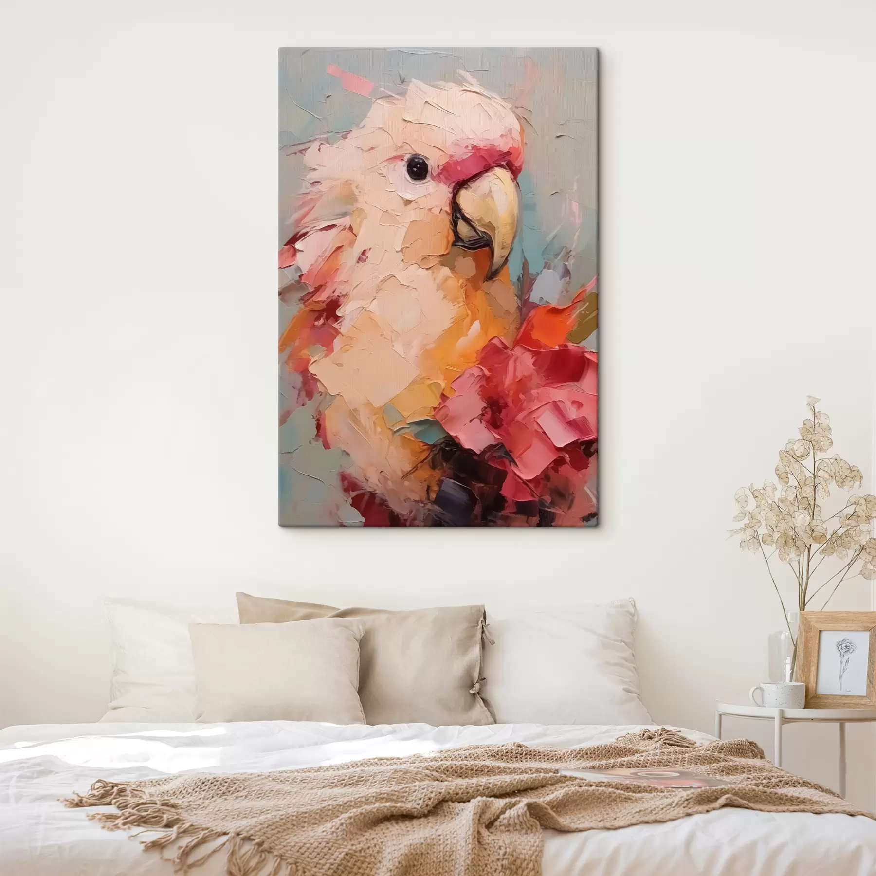 wall murals Portrait of a cockatoo parrot, pink, red, beige, gray color s40525