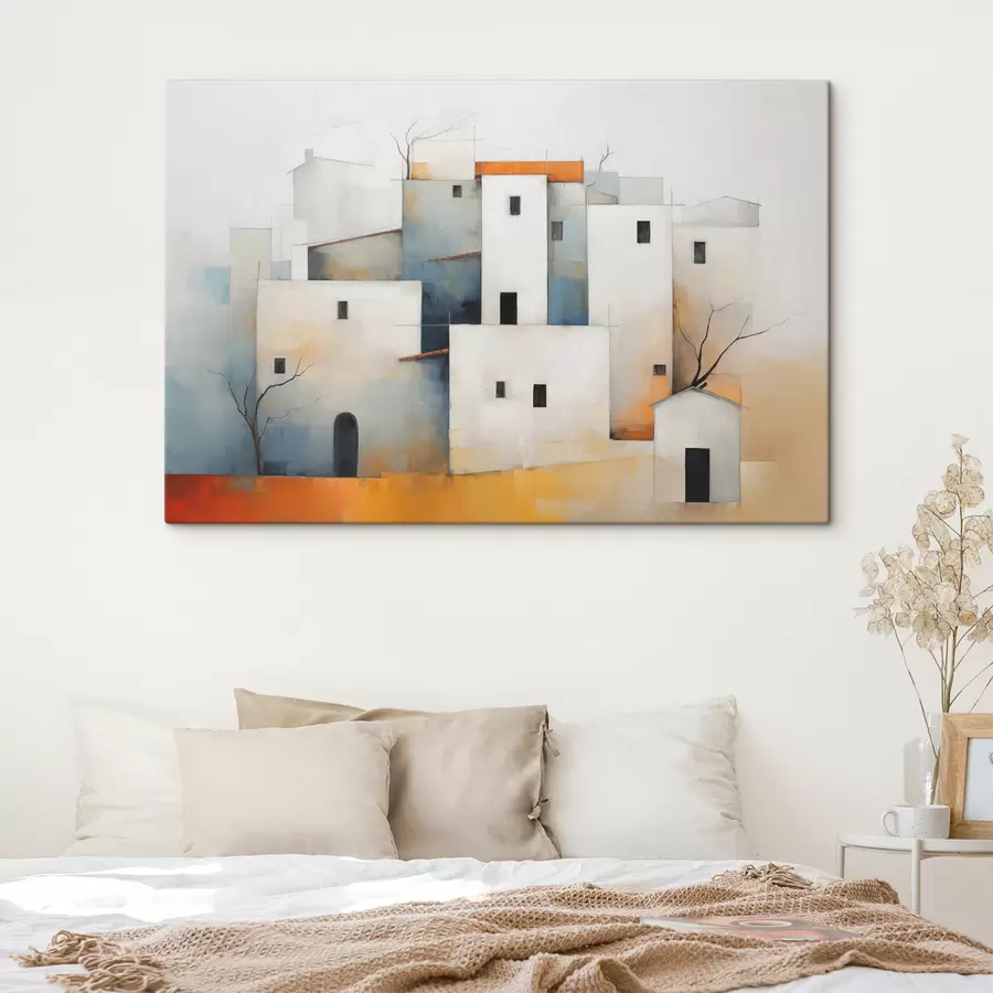 wall murals White stylized houses abstract, red, orange, yellow, blue color s40531