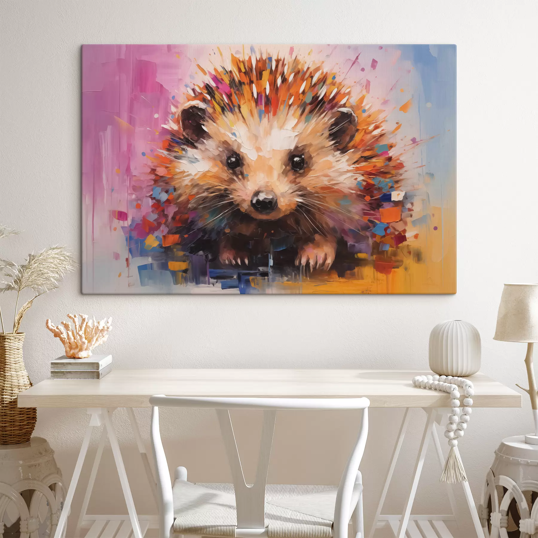 wall murals Portrait of a hedgehog in bright colors, yellow, purple, blue, orange, brown s40532