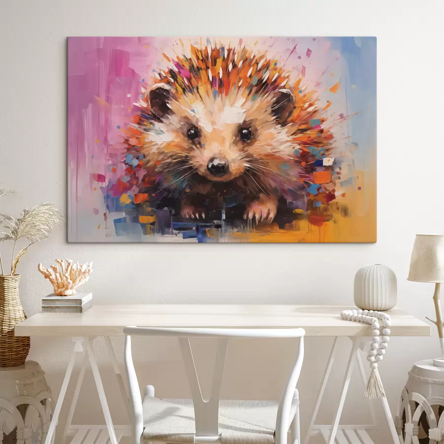 wall murals Portrait of a hedgehog in bright colors, yellow, purple, blue, orange, brown s40532