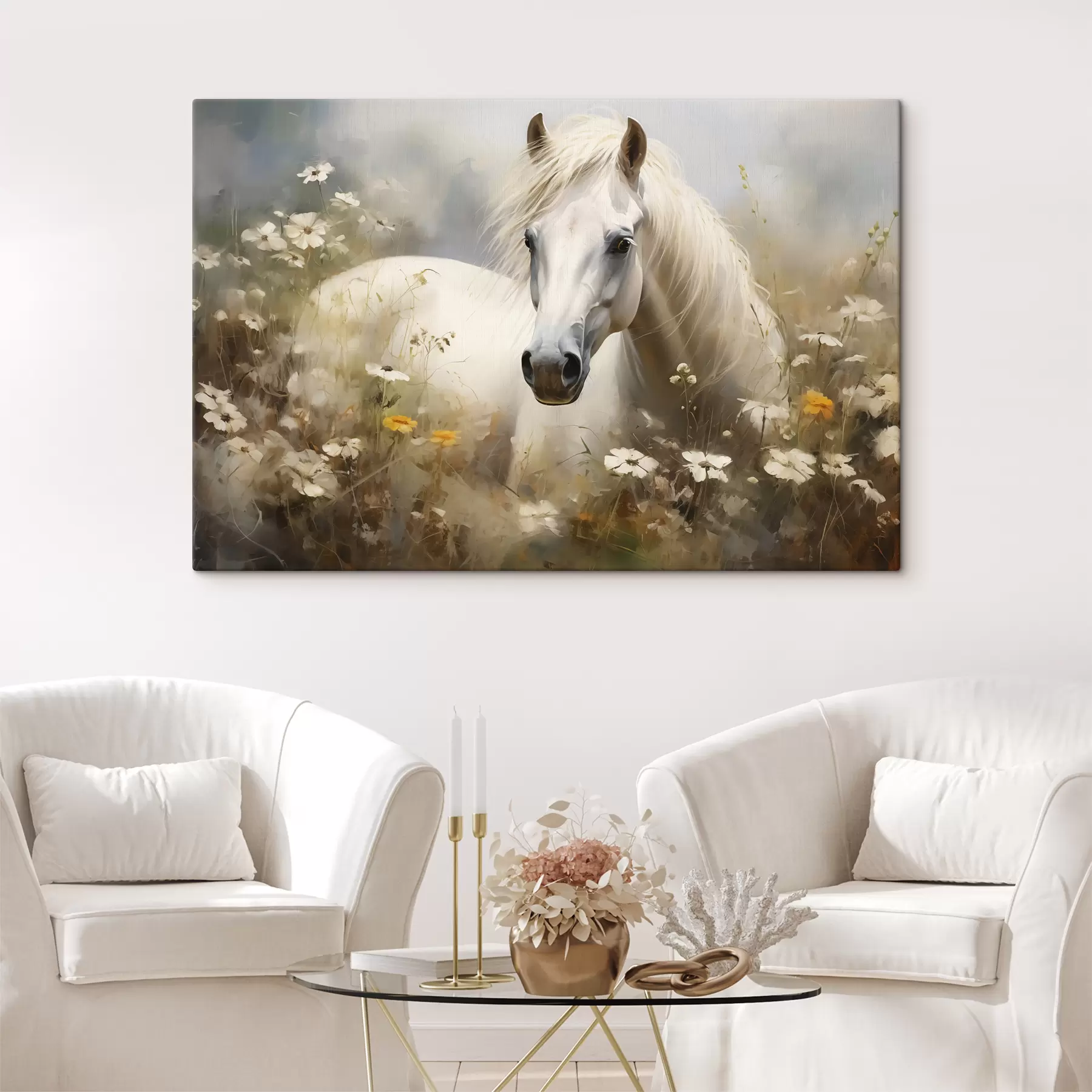 wall murals White horse in the grass among daisies s40533