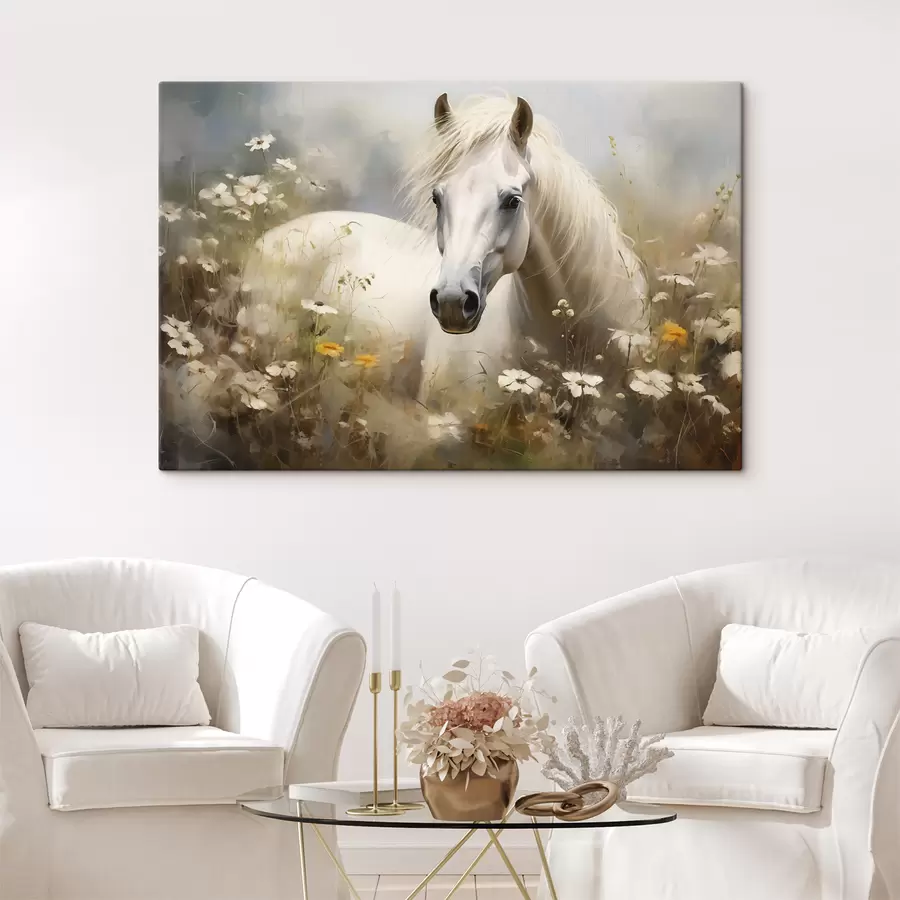wall murals White horse in the grass among daisies s40533