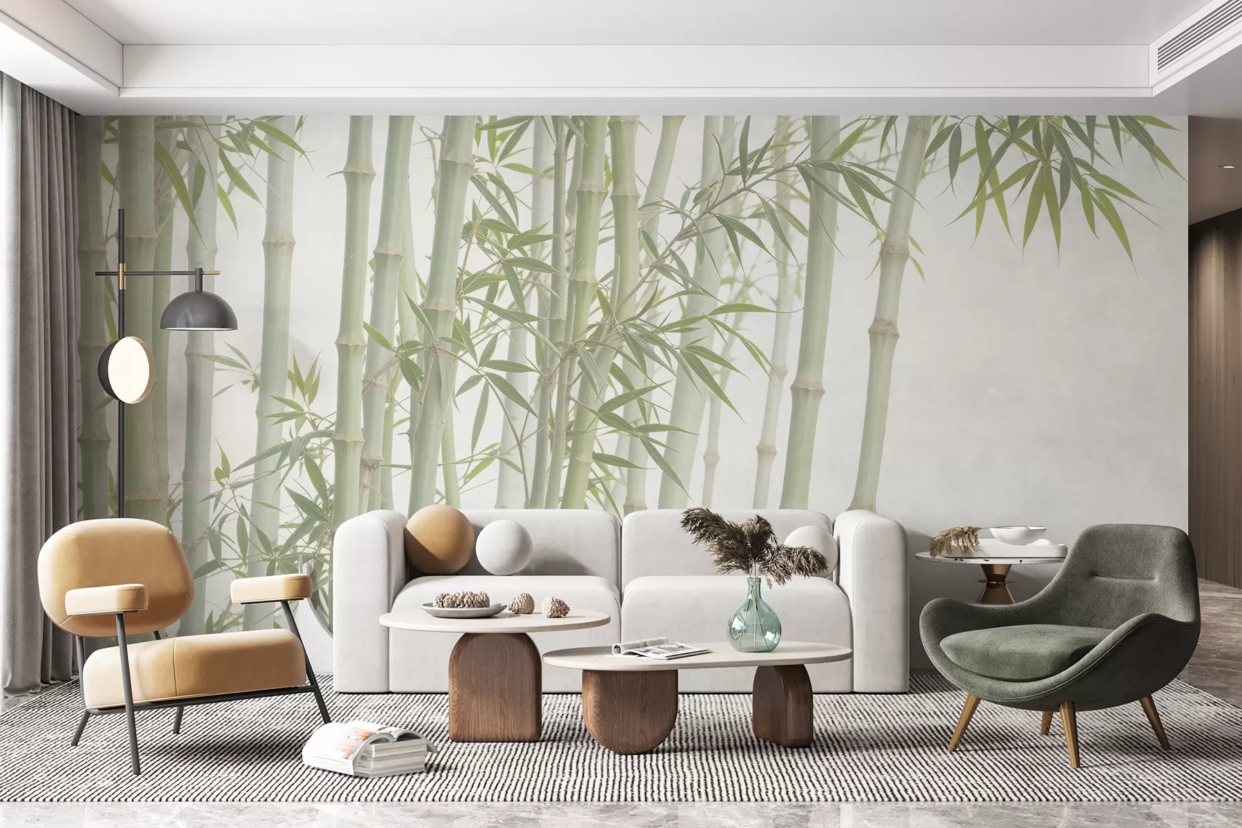 Wall Mural Photo Wallpaper A dense bamboo forest with tall bamboo stalks and green leaves against a soft, hazy background w08237