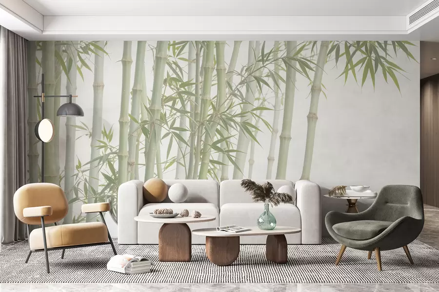 Wall Mural Photo Wallpaper A dense bamboo forest with tall bamboo stalks and green leaves against a soft, hazy background w08237