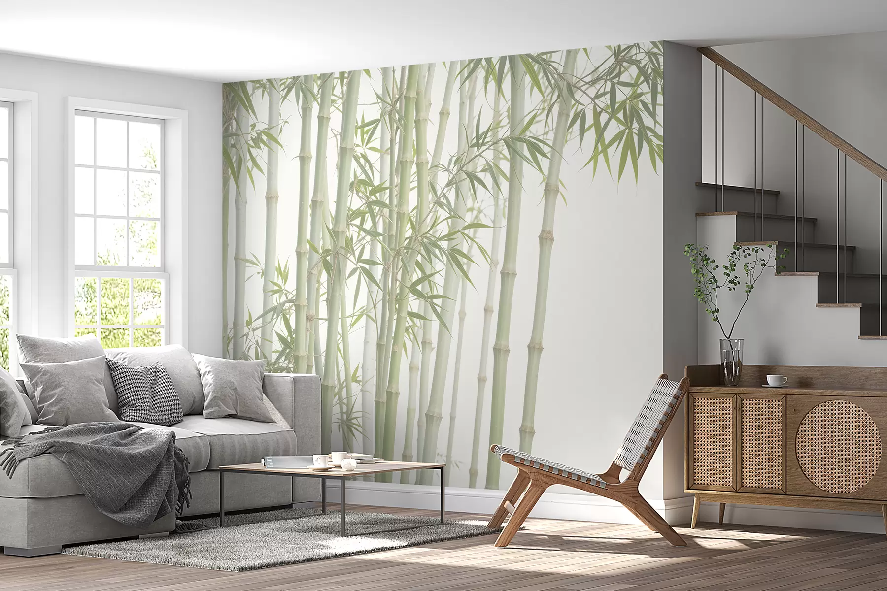 wall murals A dense bamboo forest with tall bamboo stalks and green leaves against a soft, hazy background w08237