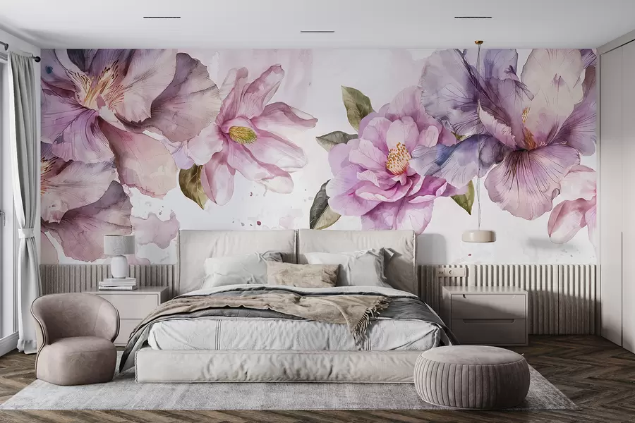 Wall Mural Photo Wallpaper Delicate pink and purple watercolor flowers with soft petals and green leaves against a light background w08238