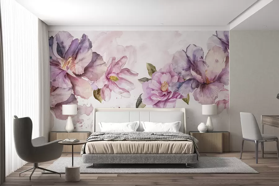 wall murals Delicate pink and purple watercolor flowers with soft petals and green leaves against a light background w08238