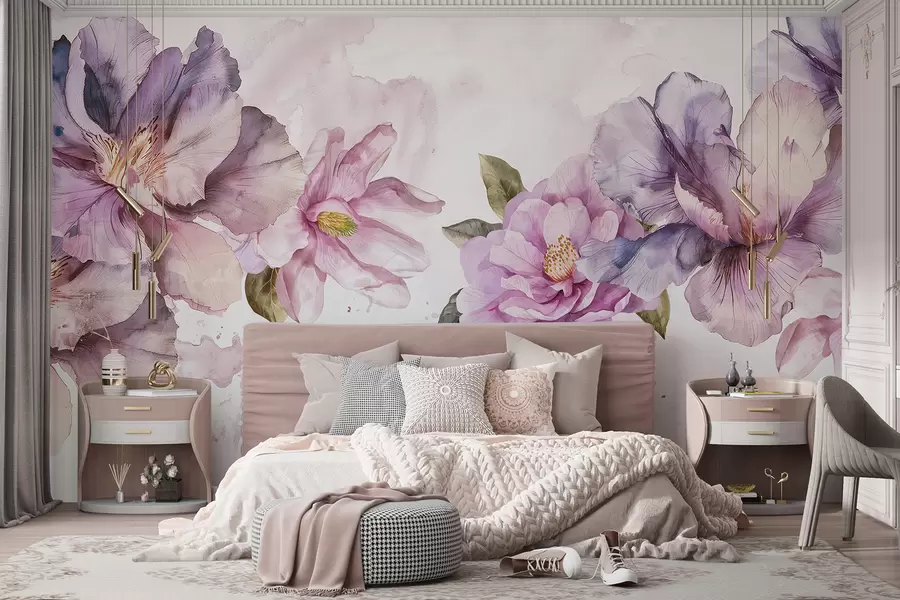 murales Delicadas flores de acuarela de color rosa y morado con pétalos suaves y hojas verdes sobre un fondo claro w08238