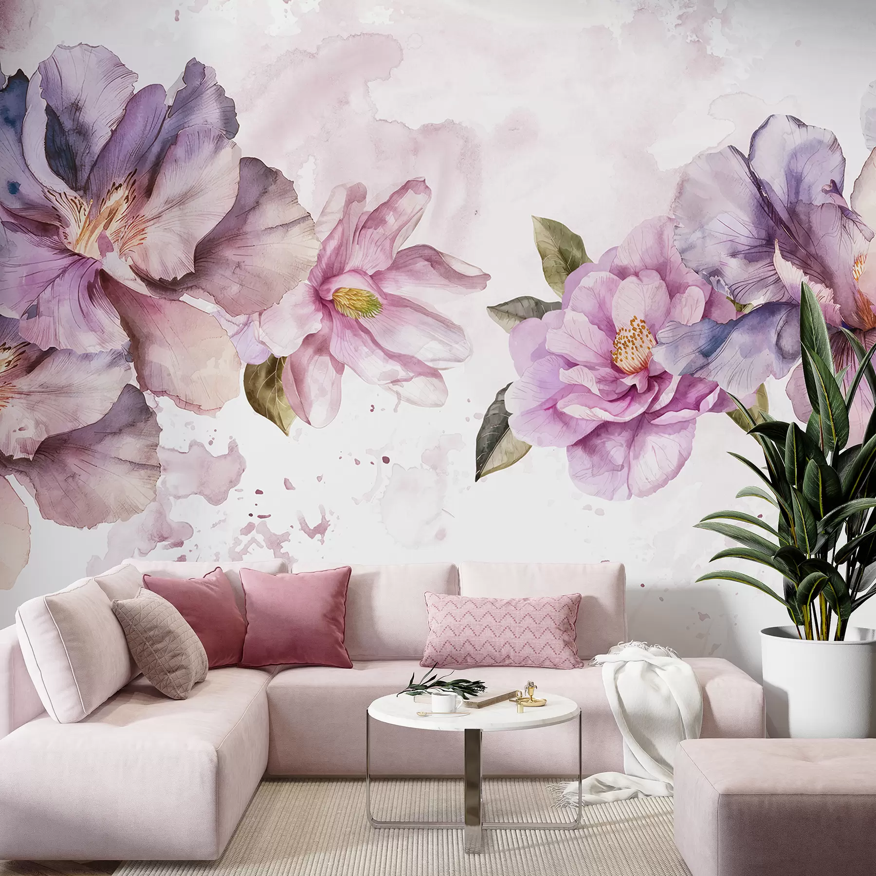 Wall Mural Photo Wallpaper Delicate pink and purple watercolor flowers with soft petals and green leaves against a light background w08238