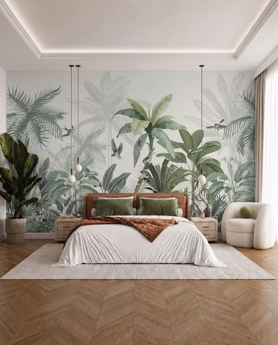 peintures murales Une scène de jungle tropicale luxuriante avec divers palmiers, de grandes feuilles et des fleurs colorées au premier plan w08239