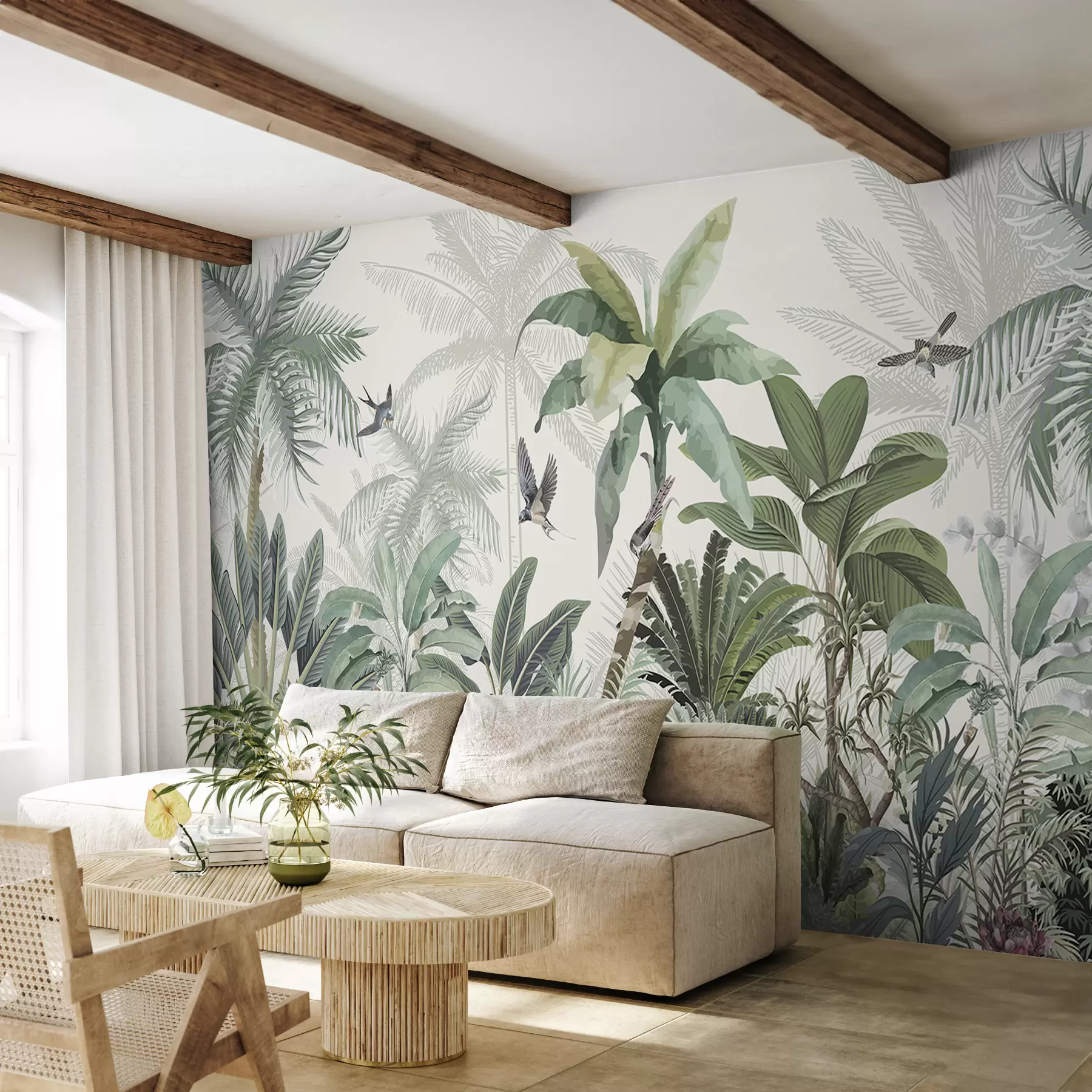 murales Una exuberante escena de jungla tropical con varias palmeras, hojas grandes y flores coloridas en primer plano w08239